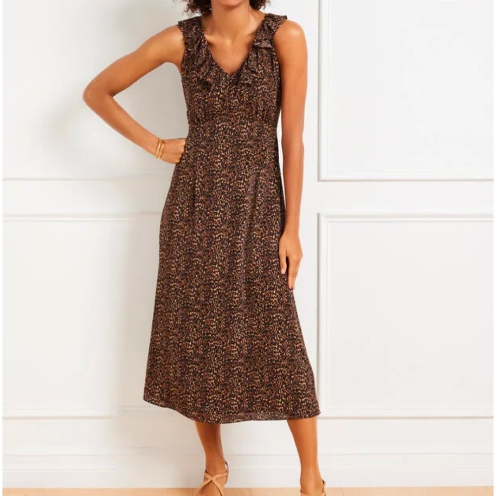 Talbots 14 Petite Women's Fit & Flare Ruffle Delicate Leopard Print Midi Dress
